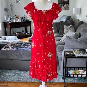 Red Midi Sundress with Flutter Sleeves and Square Neck